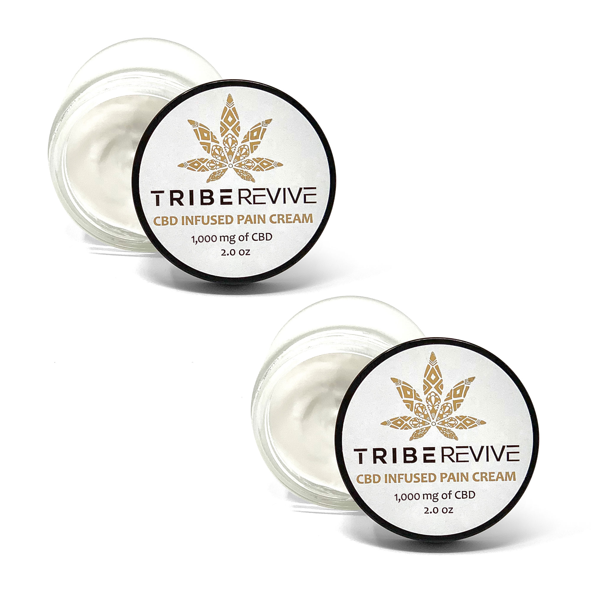 Two open jars of TribeTokes TribeRevive CBD Pain Cream on a white background, each showing the whipped cream and labeled 1,000 mg of CBD and 2.0 oz
