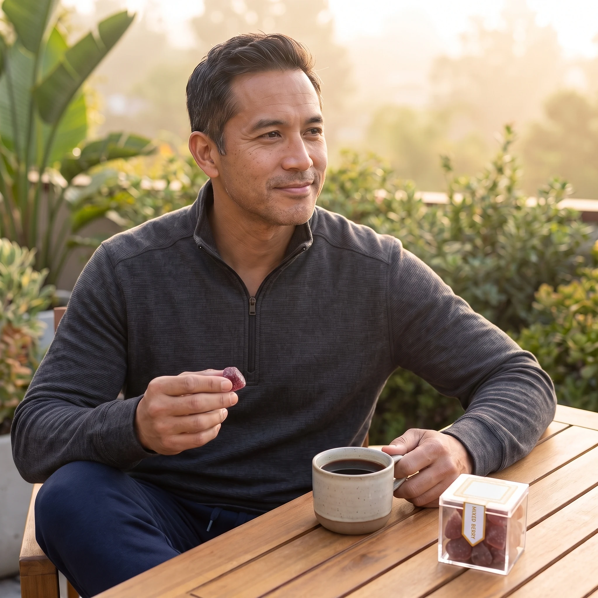 Man in a quarter-zip relaxing at a sunlit garden patio table with coffee, eating a TribeTokes CBD Wellness Mixed Berry gummy with the cube box on the table