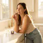 Woman in a knit tank leaning on a sunlit kitchen counter eating a TribeTokes CBD Wellness Mixed Berry gummy, with the cube box and a glass of water beside her