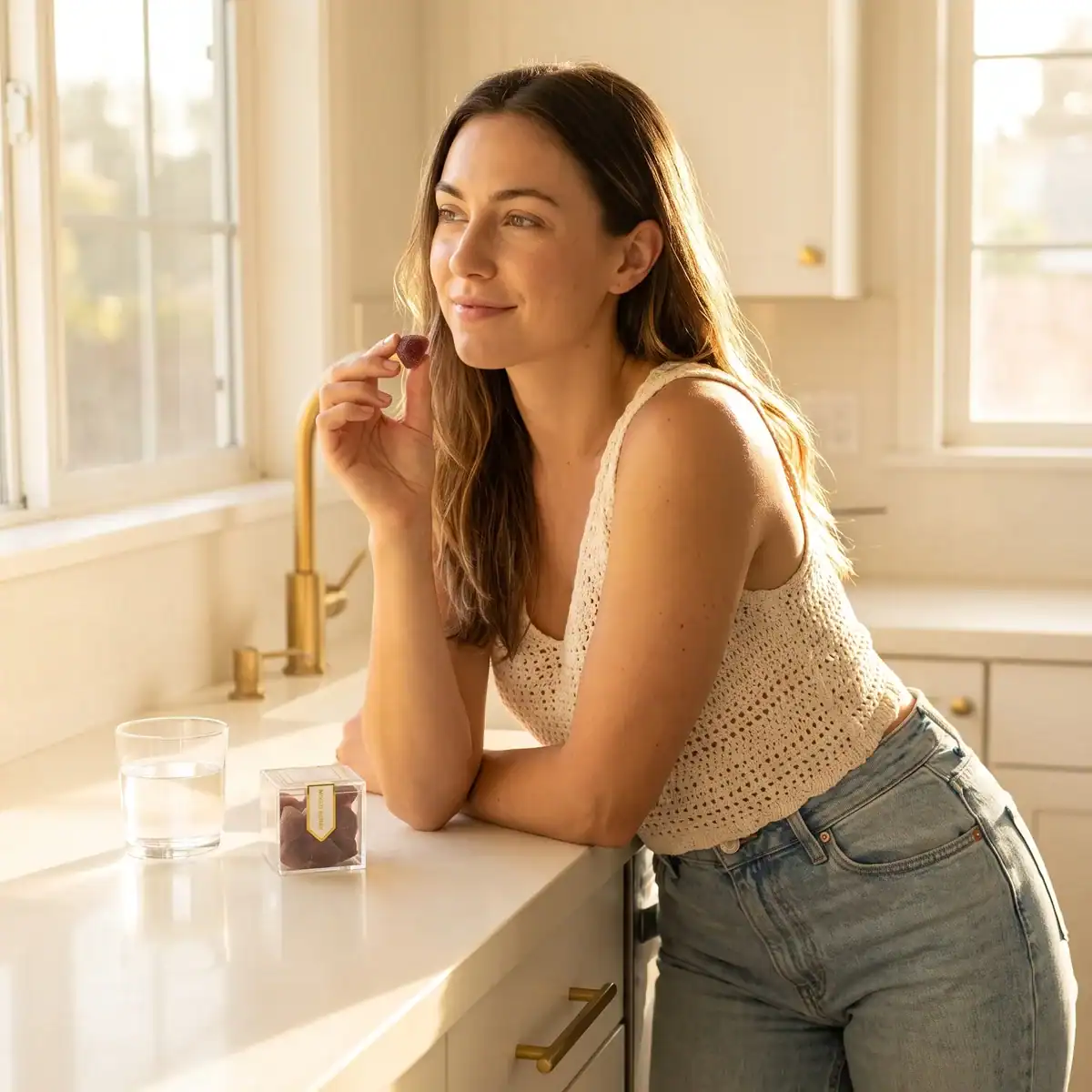 Woman in a knit tank leaning on a sunlit kitchen counter eating a TribeTokes CBD Wellness Mixed Berry gummy, with the cube box and a glass of water beside her