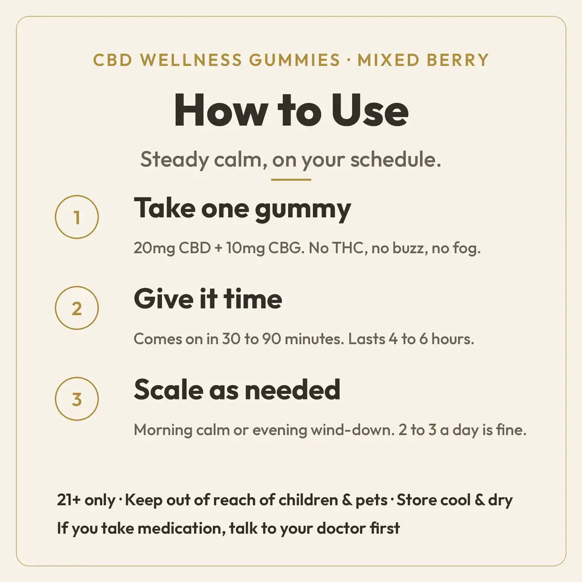 How to Use guide for TribeTokes CBD Wellness Mixed Berry gummies: take one gummy for 20mg CBD and 10mg CBG with no THC, it comes on in 30 to 90 minutes and lasts 4 to 6 hours, for morning calm or evening wind-down