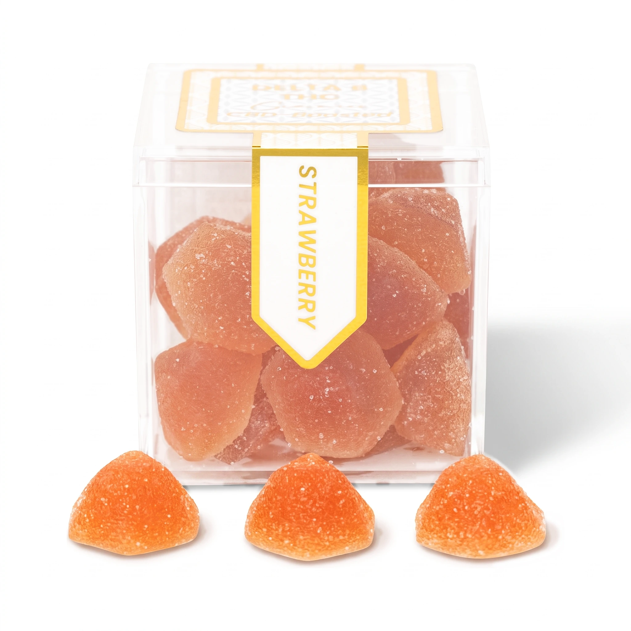 TribeTokes Delta 8 THC Gummies in a clear cube box with three sugar-coated strawberry gummies in front on a white background