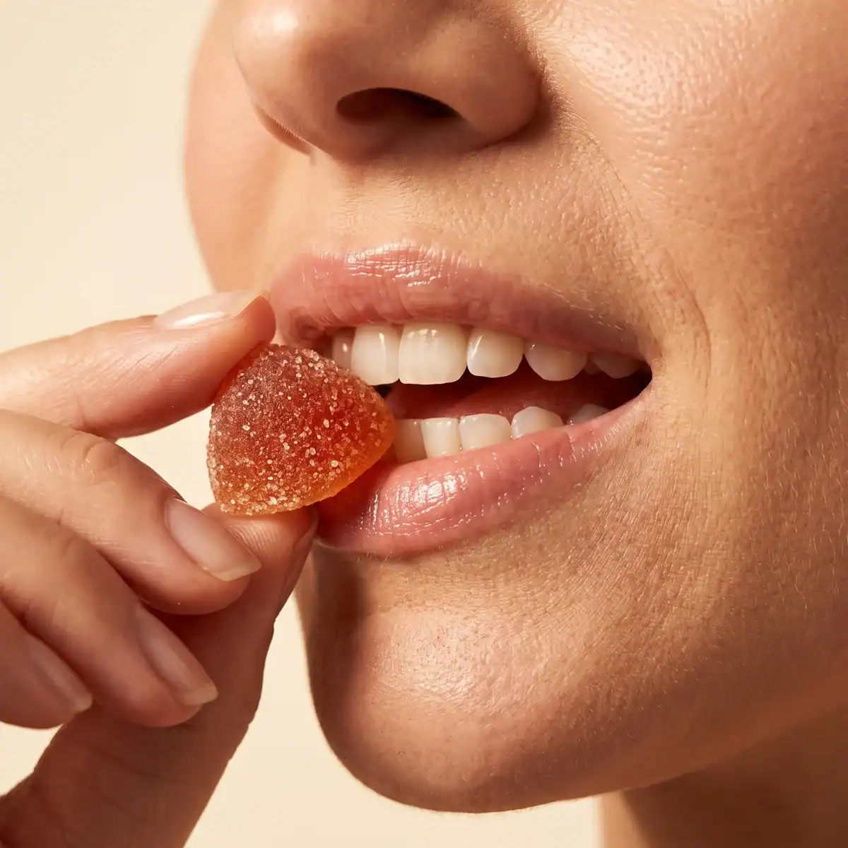 Close-up of a woman biting a sugar-coated TribeTokes Delta 8 THC Strawberry gummy