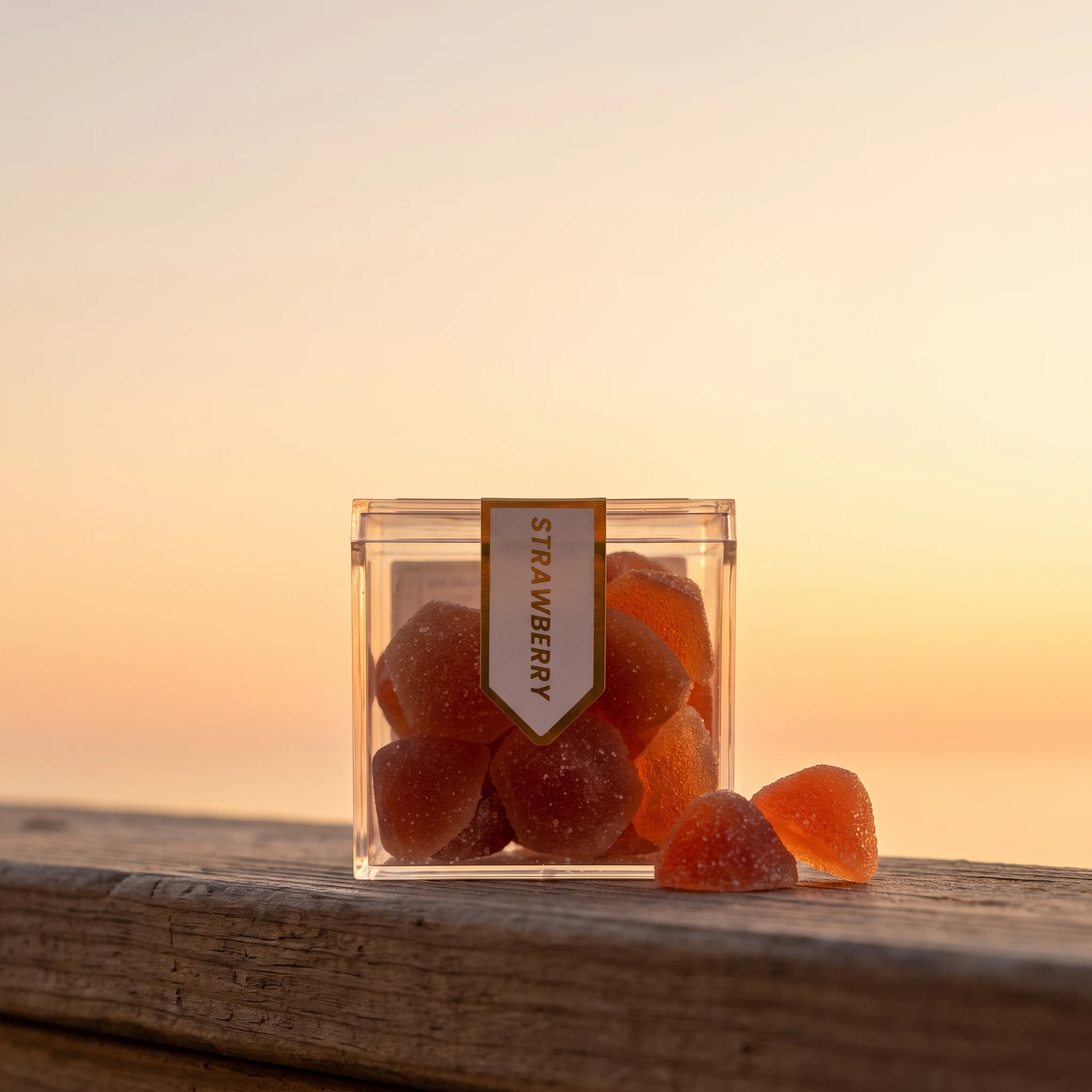 Clear cube box of TribeTokes Delta 8 THC Strawberry Gummies on a weathered wood railing at sunset, with two loose gummies beside it