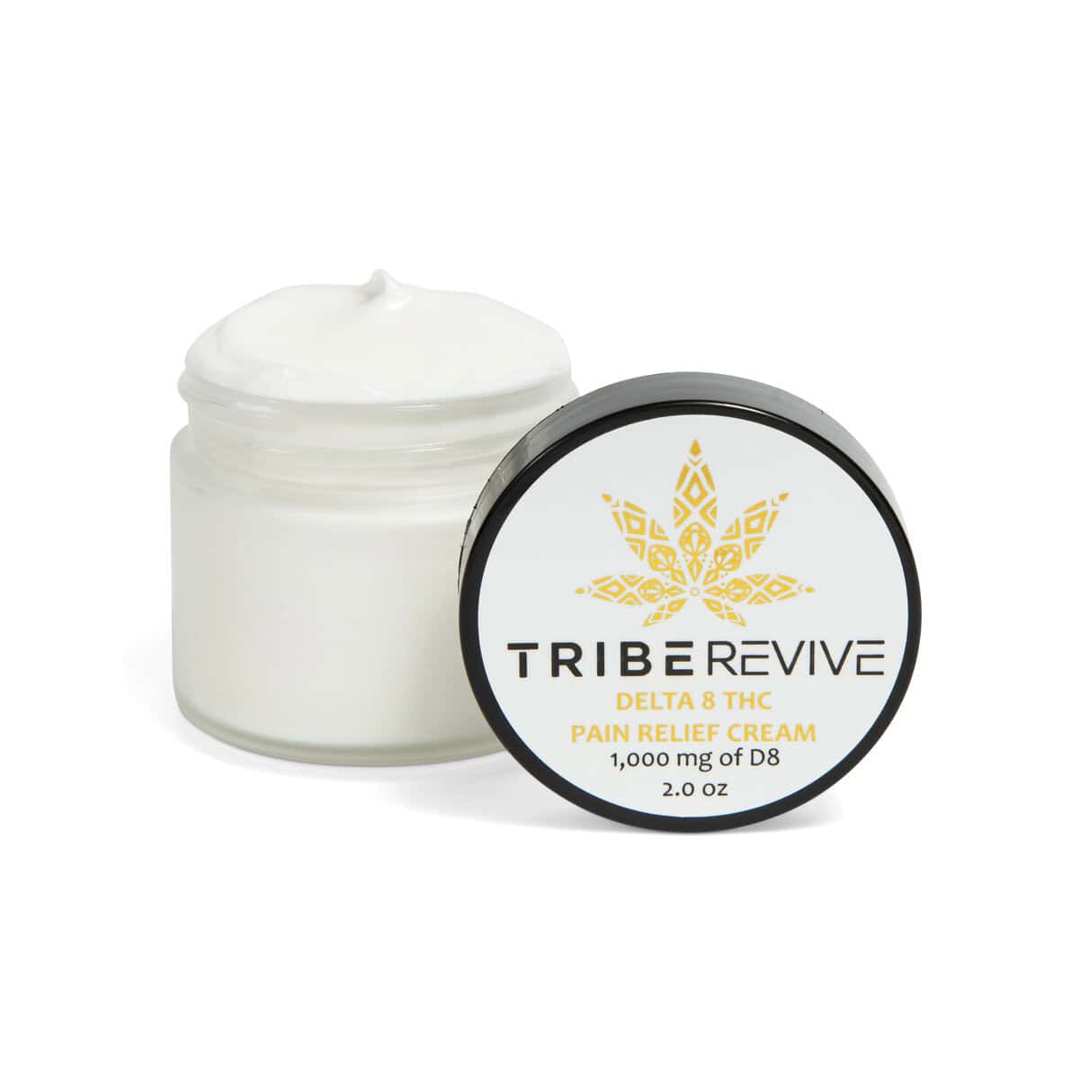 TribeTokes TribeRevive Delta 8 THC Pain Relief Cream, an open jar of whipped white cream with the lid propped against it beside the product box on a white background
