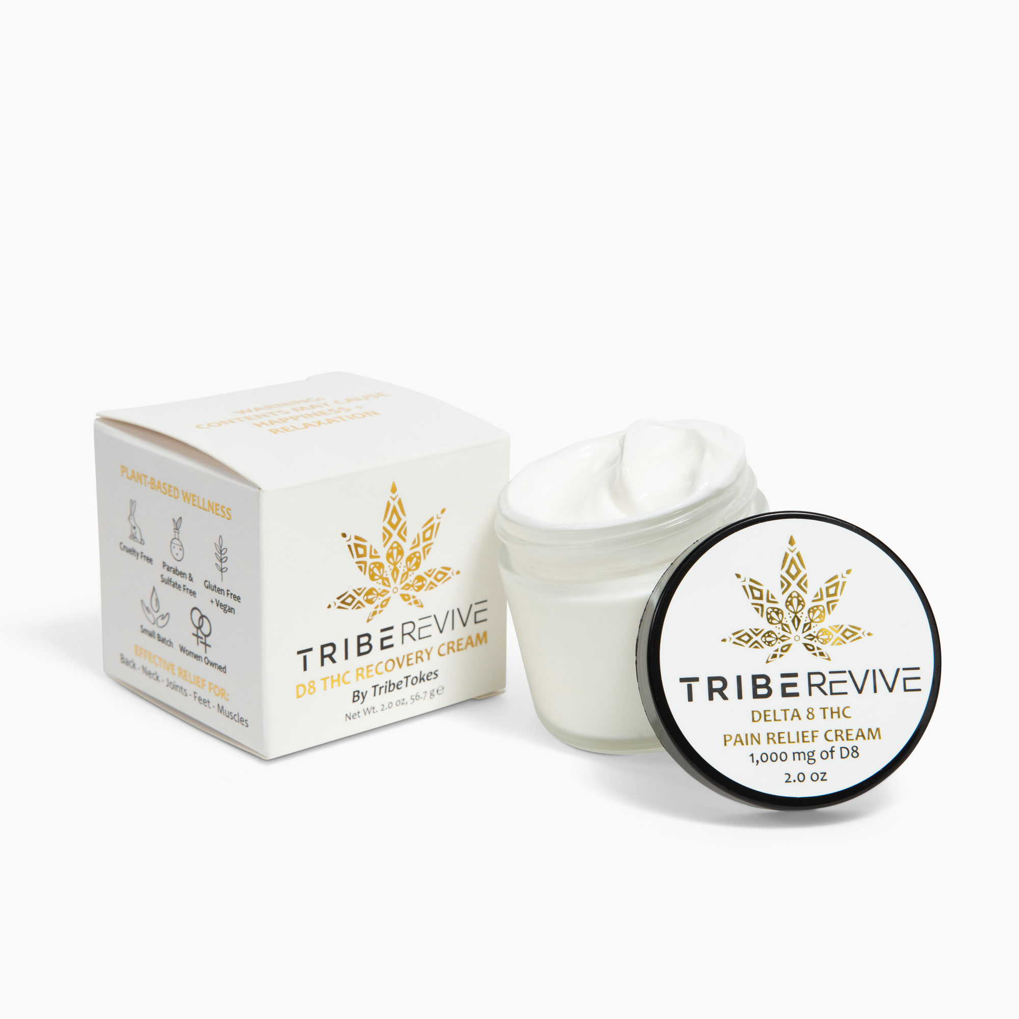 TribeTokes TribeRevive Delta 8 THC Pain Relief Cream box and open jar on a white background, the box showing its plant-based wellness benefit icons