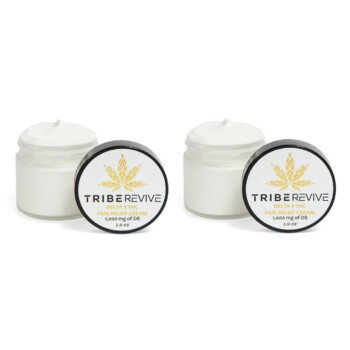 Two open jars of TribeTokes TribeRevive Delta 8 THC Pain Relief Cream on a white background, each showing the whipped cream and labeled 1,000 mg of D8 and 2.0 oz