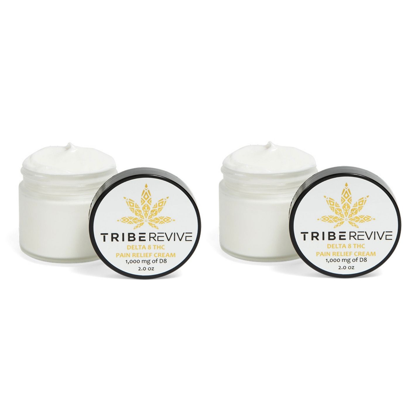 Two open jars of TribeTokes TribeRevive Delta 8 THC Pain Relief Cream on a white background, each showing the whipped cream and labeled 1,000 mg of D8 and 2.0 oz