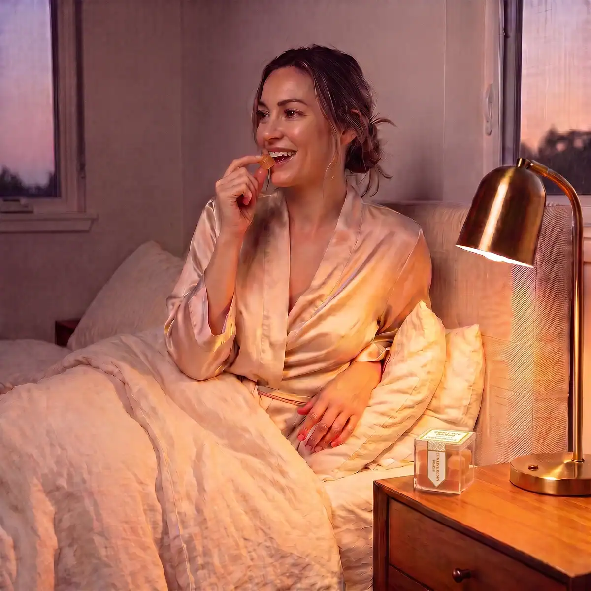 Woman in a silk robe relaxing in bed by a warm brass lamp at dusk, eating a TribeTokes Live Resin CBN Peach gummy with the cube box on the nightstand