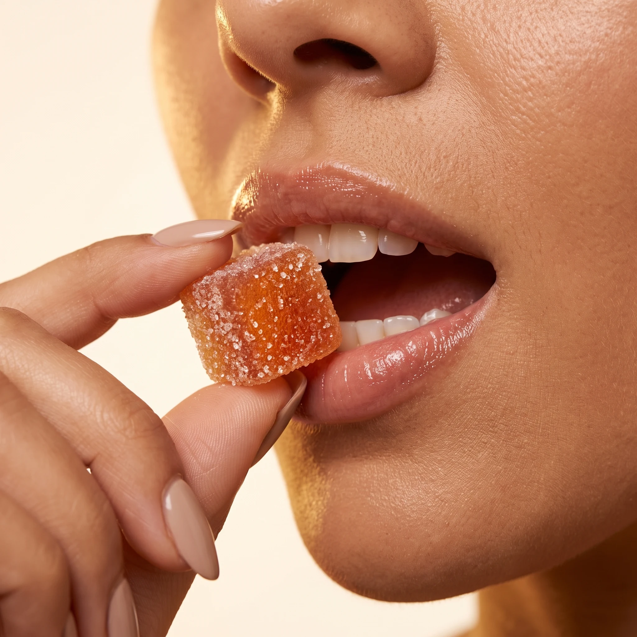 Close-up of a woman biting a sugar-coated TribeTokes Live Resin Delta 8 THC Strawberry gummy