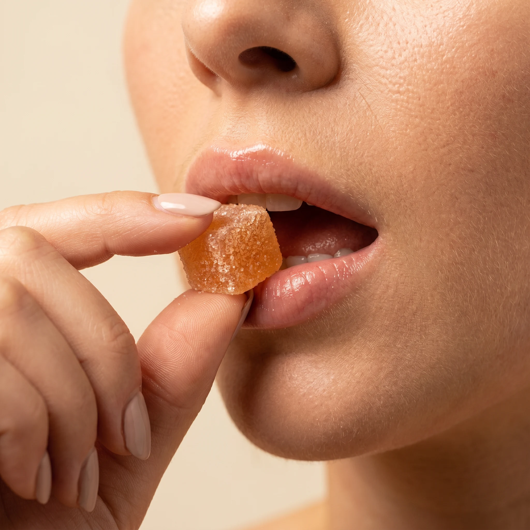 Close-up of a woman biting a sugar-coated TribeTokes Live Resin CBN Peach gummy
