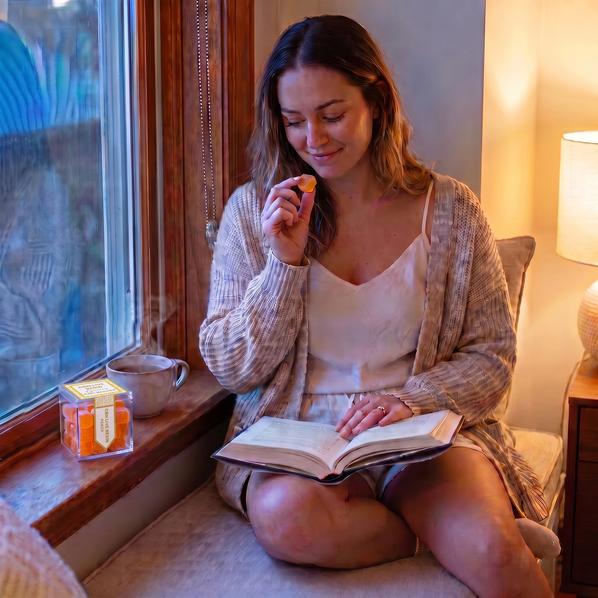 Woman in a knit cardigan reading on a cozy window seat with tea at dusk, eating a TribeTokes Live Resin CBN Peach gummy with the cube box on the sill