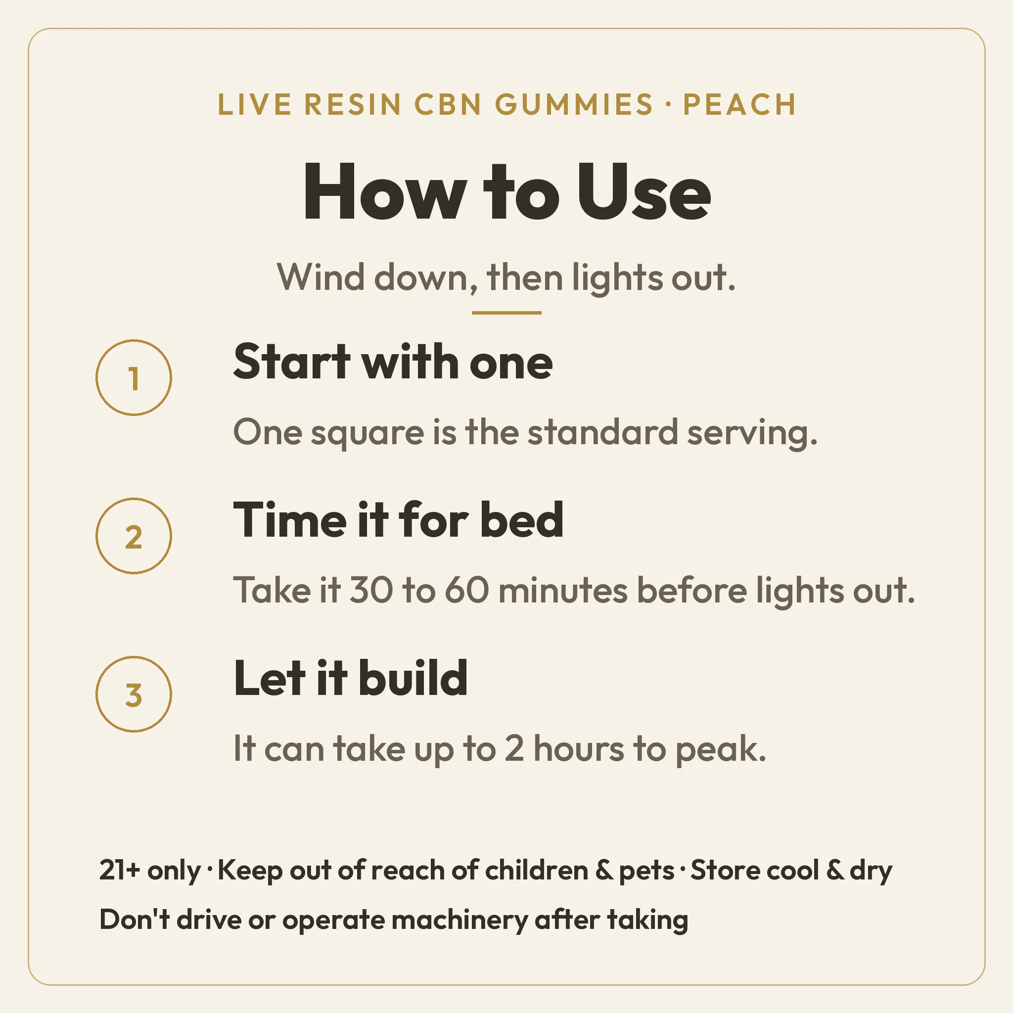 How to Use guide for TribeTokes Live Resin CBN Peach Gummies: start with one square, take it 30 to 60 minutes before bed, and let it build over up to two hours; 21+ only