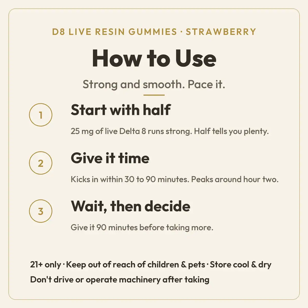 How to Use guide for TribeTokes Live Resin Delta 8 THC Strawberry Gummies: start with half a gummy since 25mg of live Delta 8 runs strong, it kicks in within 30 to 90 minutes and peaks around hour two, and wait 90 minutes before more; 21+ only