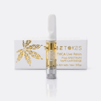 TribeTokes THCa Live Resin full-spectrum vape cartridge, a white and gold 510 cart standing in front of its white and gold box on a white background
