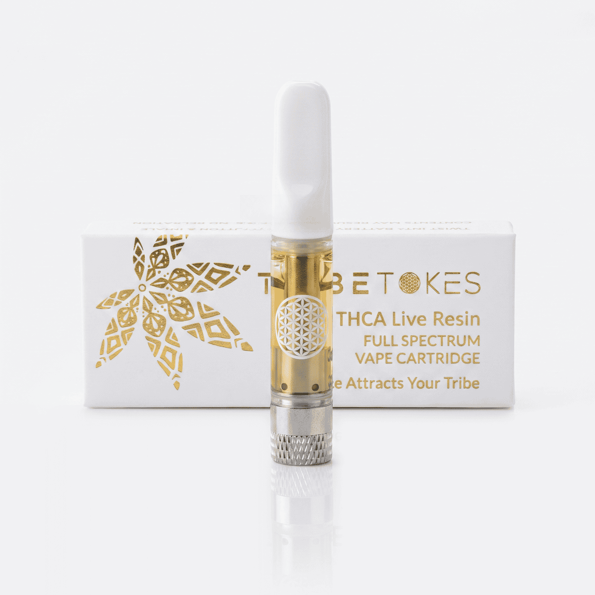 TribeTokes THCa Live Resin full-spectrum vape cartridge, a white and gold 510 cart standing in front of its white and gold box on a white background