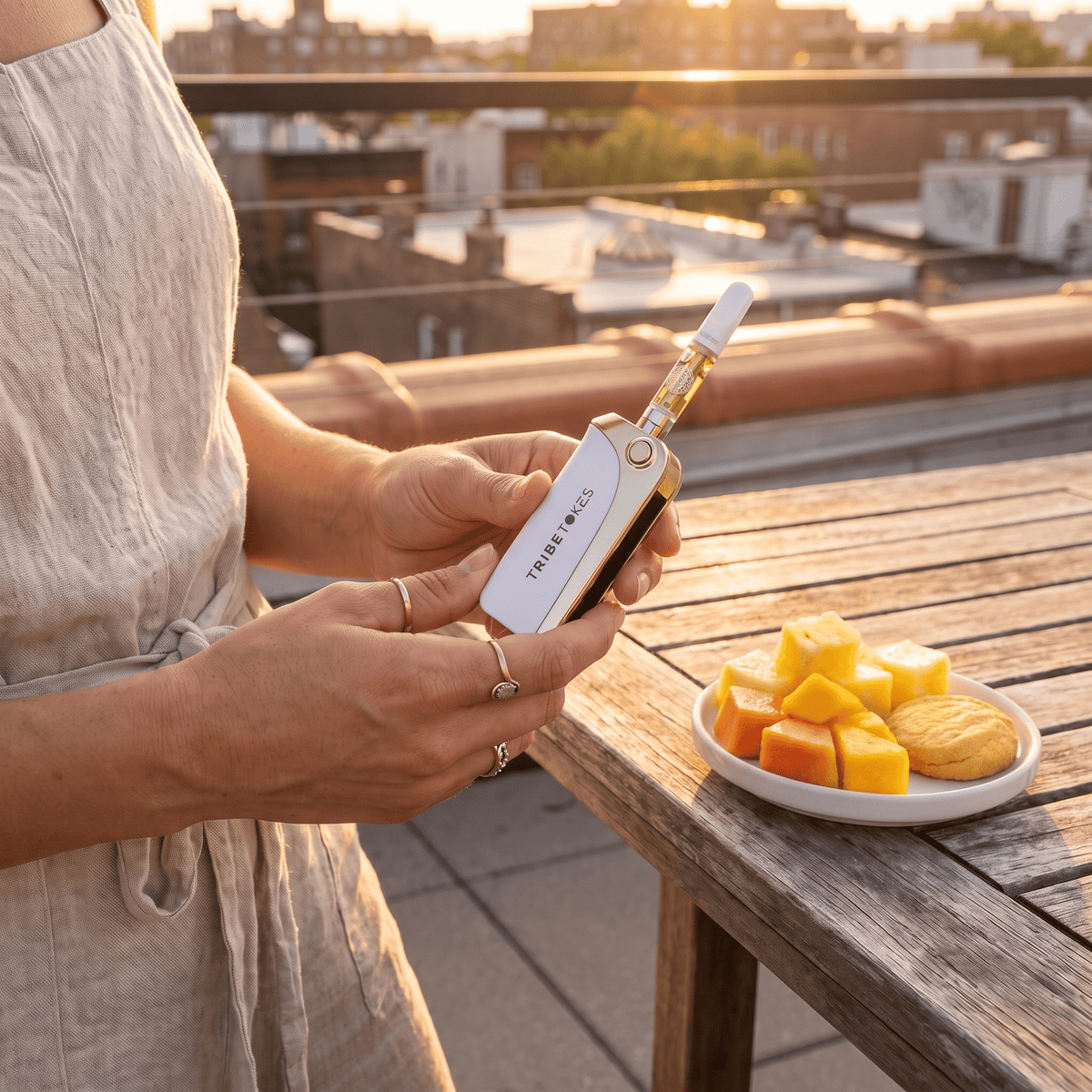 Woman on a rooftop at sunset holding a TribeTokes battery with a THCa Live Resin cartridge twisted in, a plate of fresh fruit and cookies on the table beside her