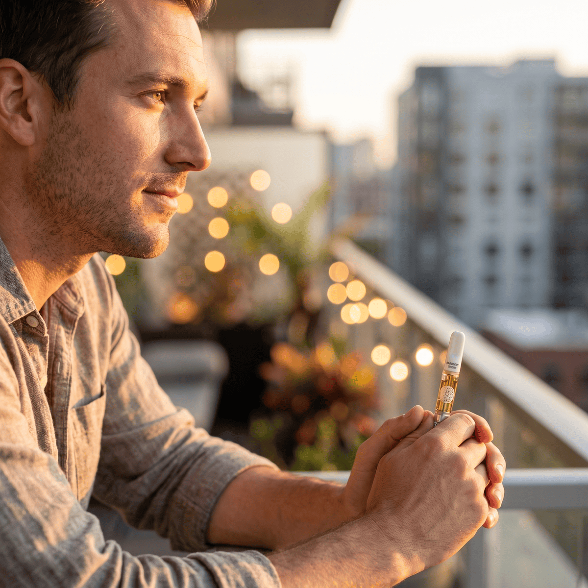 Man leaning on a rooftop railing at sunset among string lights, holding a TribeTokes THCa Live Resin cartridge