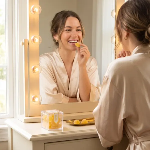 Woman in a cream silk robe at a lit vanity mirror eating a TribeTokes Buzzed Pineapple gummy, clear cube box on the counter