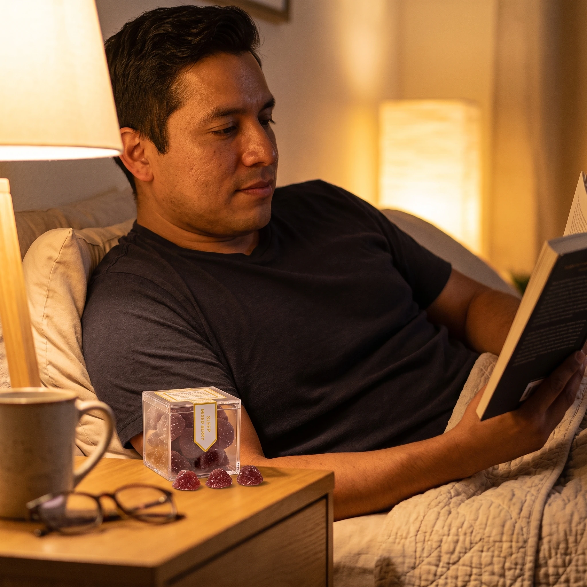 Man reading a book in bed under a warm lamp at night, a box of TribeTokes Sleep Mixed Berry gummies and his glasses on the nightstand beside him