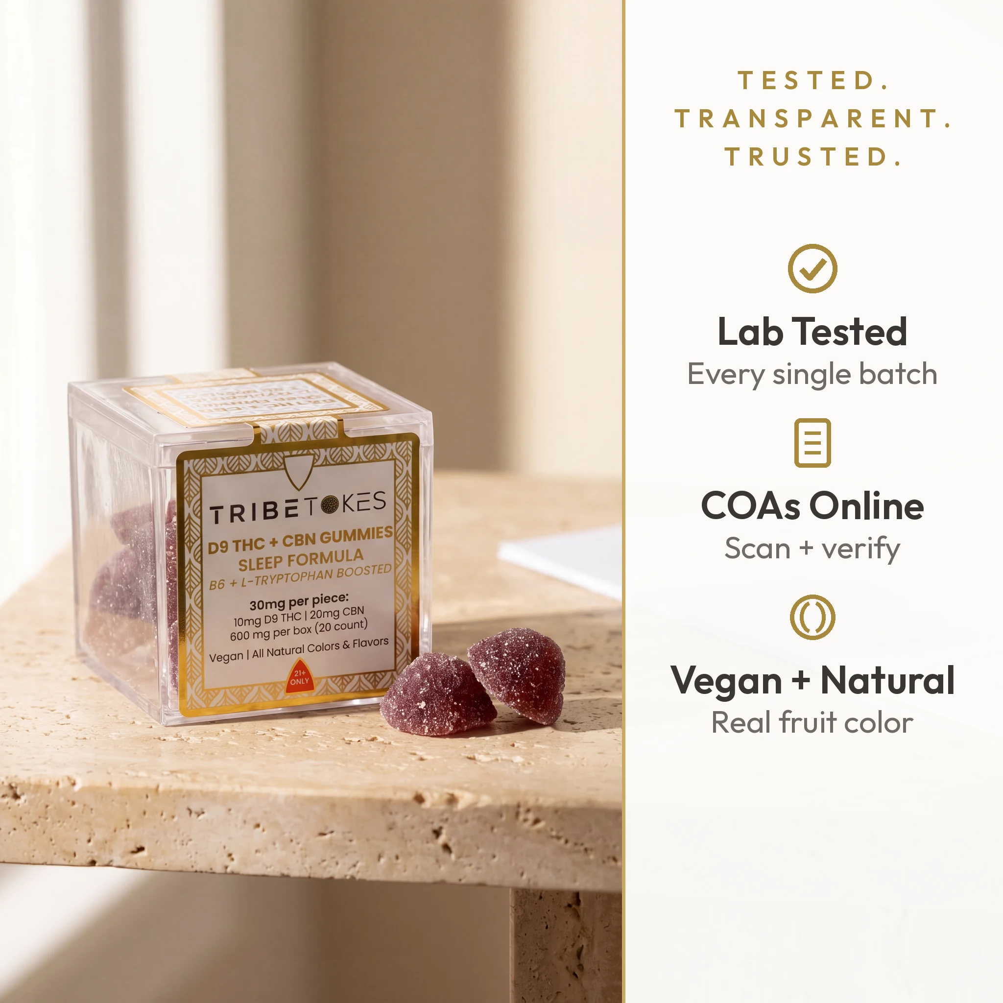 Lab Tested overview for TribeTokes Sleep Mixed Berry gummies: third-party lab tested every batch, COAs published online to scan and verify, vegan and all-natural with real fruit color