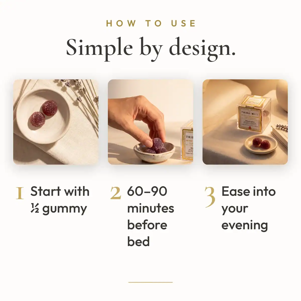 How to Use guide for TribeTokes Sleep Mixed Berry gummies: start with half a gummy, take it 60 to 90 minutes before bed, and ease into your evening