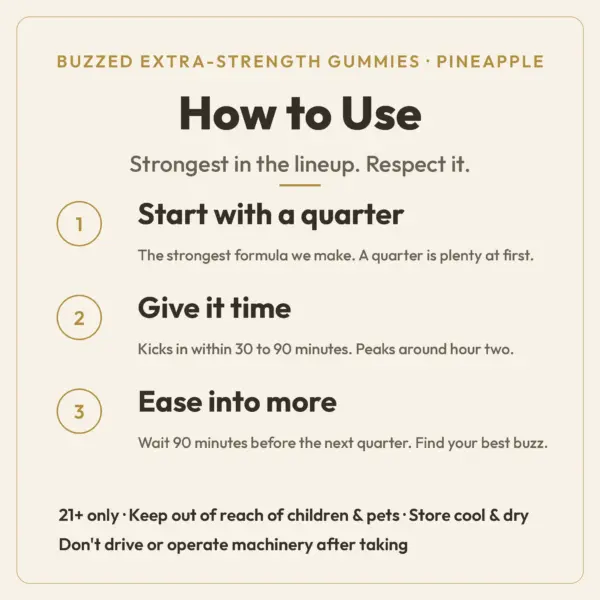 How to Use guide for TribeTokes Buzzed Pineapple gummies: start with a quarter gummy, wait 30 to 90 minutes to feel it, then ease into more after 90 minutes; 21+ only, do not drive after taking