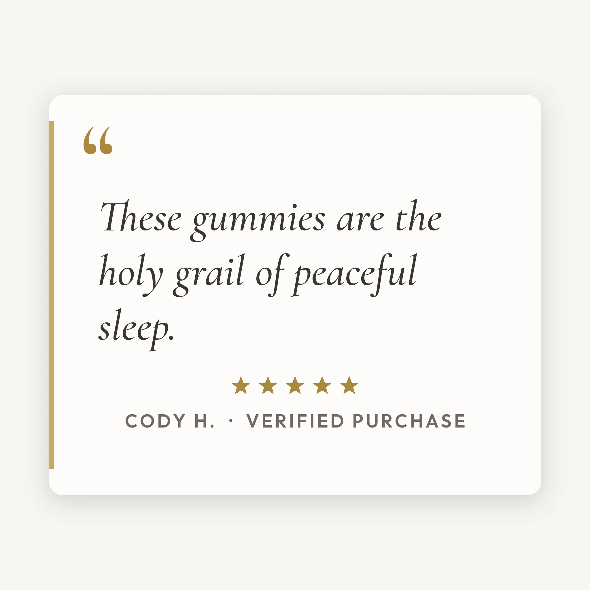 Five-star customer review card for TribeTokes Sleep Mixed Berry gummies reading "These gummies are the holy grail of peaceful sleep," from Cody H., verified purchase
