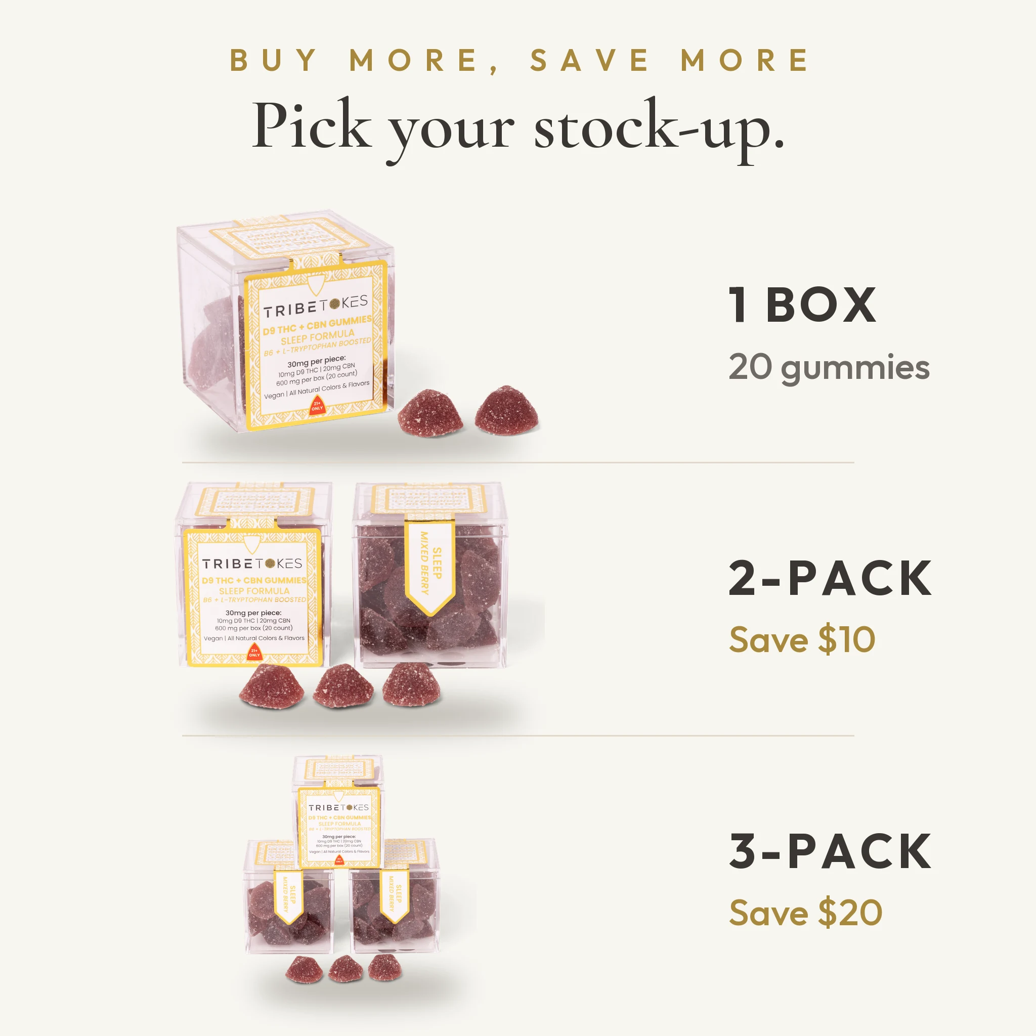 Buy more save more lineup for TribeTokes Sleep Mixed Berry gummies: a single box of 20 gummies, a 2-pack saving $10, and a 3-pack saving $20