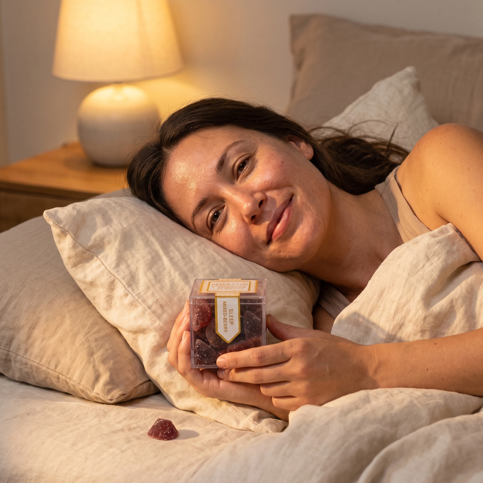 Woman resting in bed under a warm lamp, smiling and holding a box of TribeTokes Sleep Mixed Berry gummies against the pillow