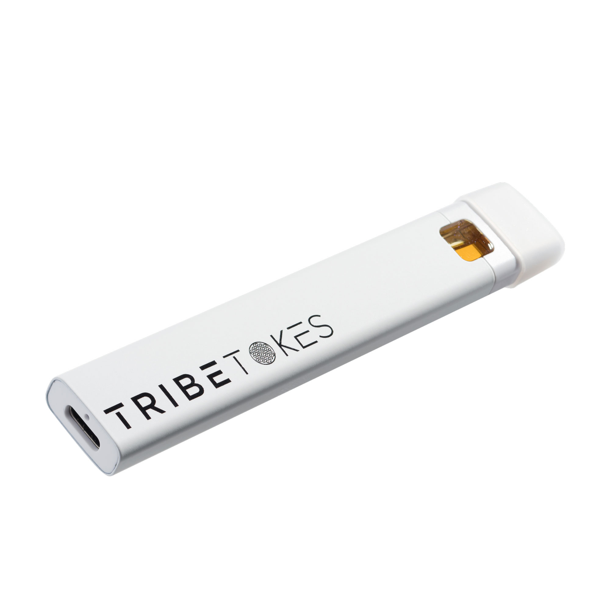 Close-up of the TribeTokes THCa Live Resin disposable vape pen at an angle, showing the USB-C charging port, the amber live resin oil window, and the flower-of-life logo