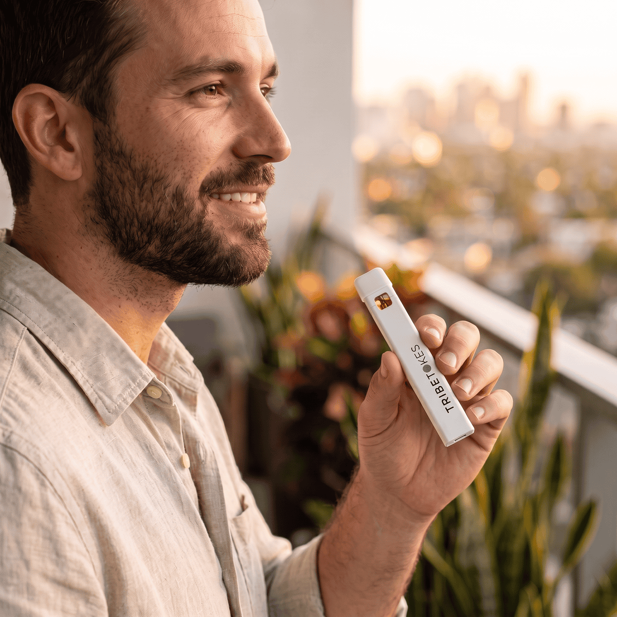 Bearded man on a plant-filled balcony at golden hour holding a TribeTokes THCa Live Resin disposable vape, the amber oil window visible