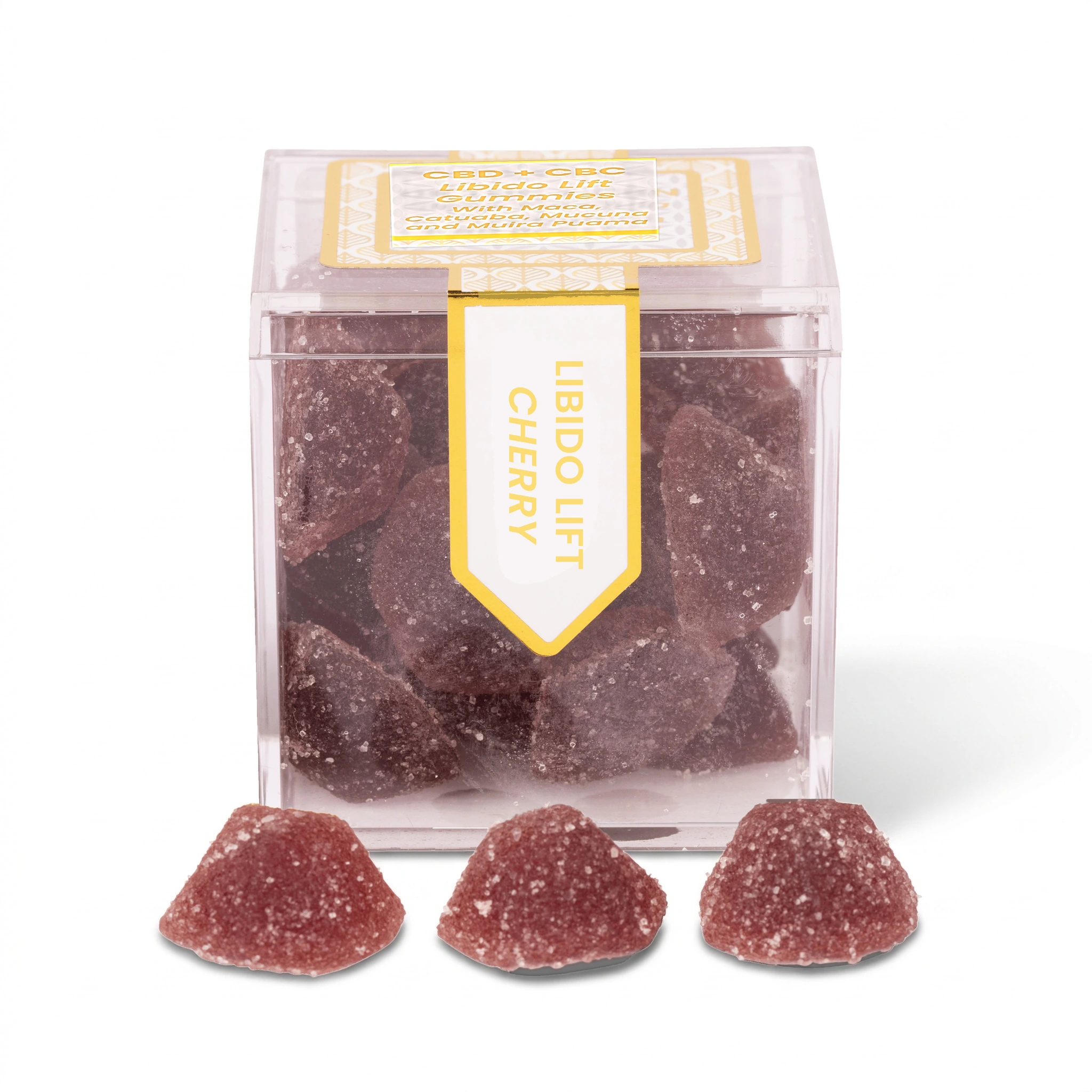 TribeTokes CBD Libido Lift Cherry Gummies in a clear cube box with three sugar-coated gummies in front on a white background