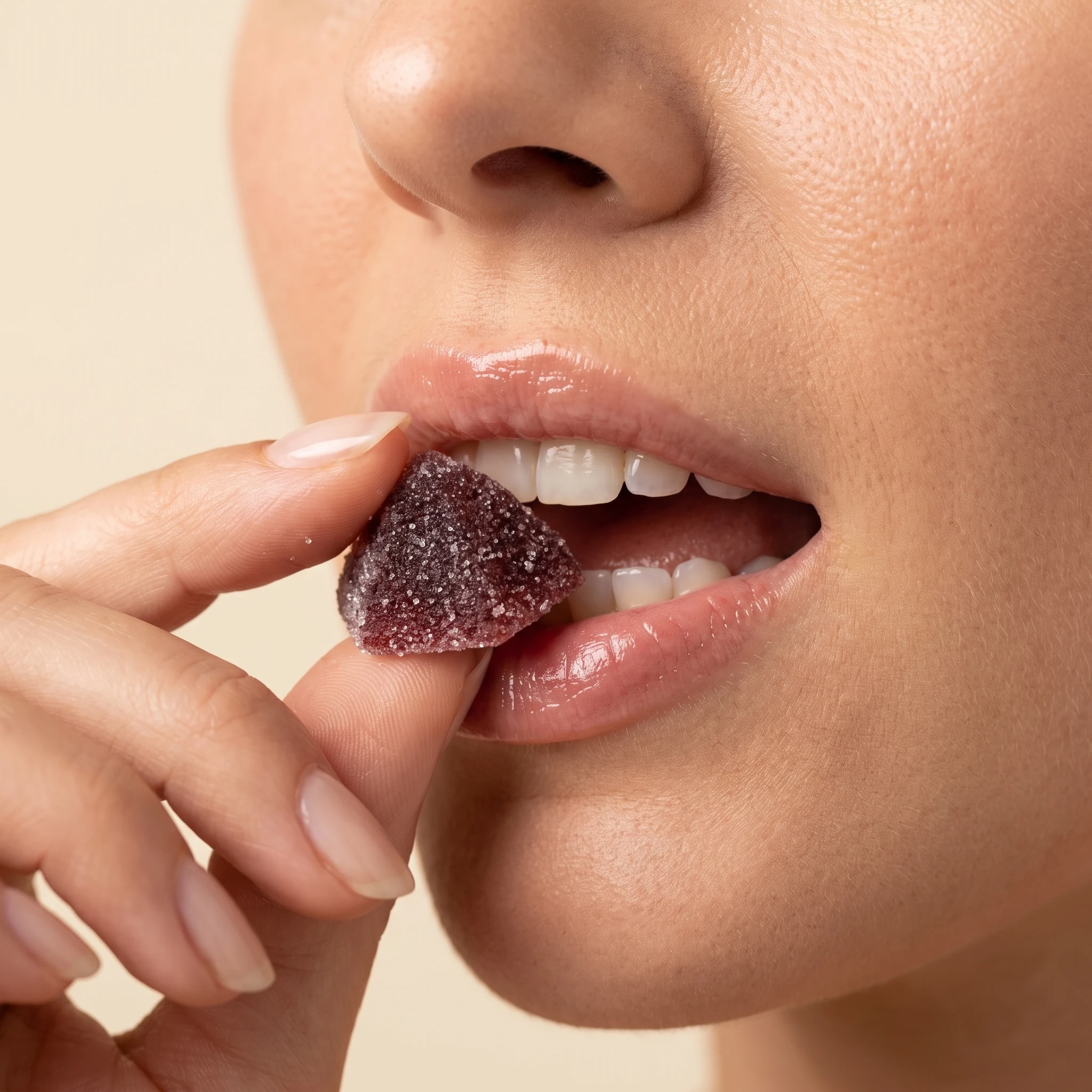 Close-up of a woman biting a sugar-coated TribeTokes CBD Libido Lift Cherry gummy