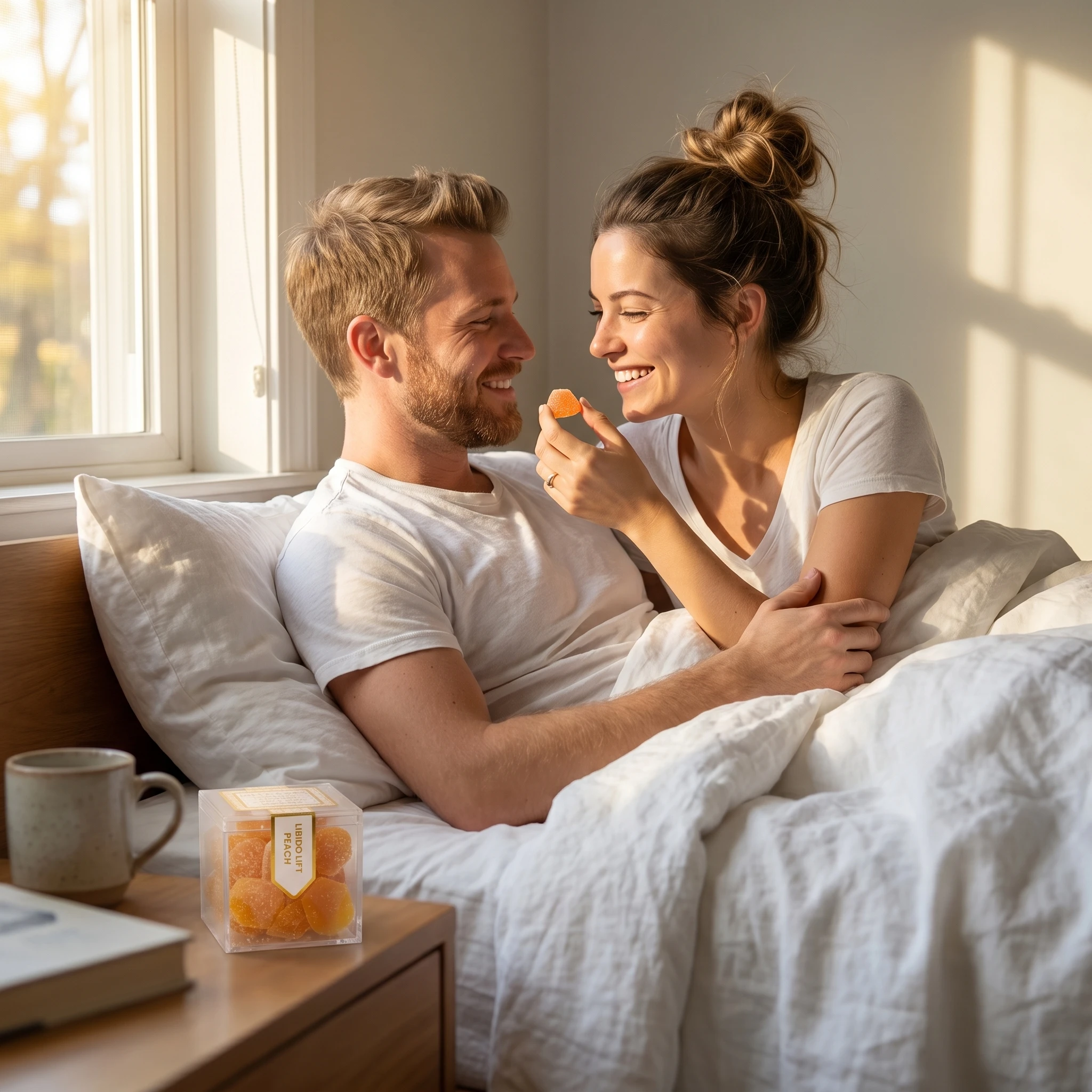 Smiling couple in bed in morning light, one feeding the other a TribeTokes Libido Lift Peach gummy, with the cube box on the nightstand