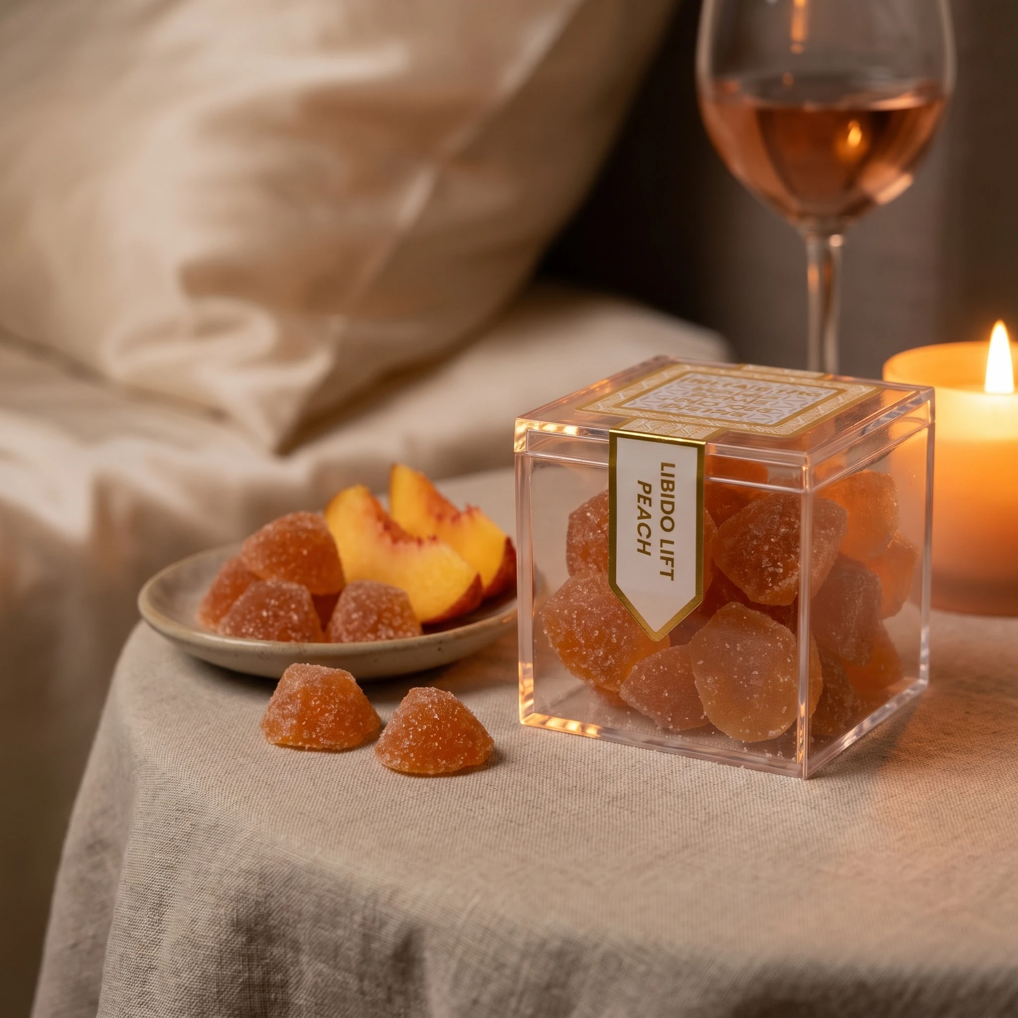 TribeTokes Libido Lift Peach gummies in a clear cube box beside a plate of peach slices and a lit candle on a linen table in warm evening light