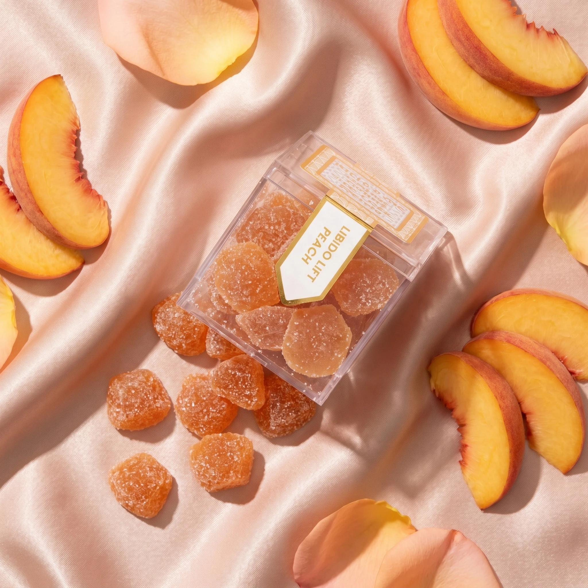 Overhead view of a TribeTokes Libido Lift Peach cube box on peach silk, surrounded by fresh peach slices and rose petals