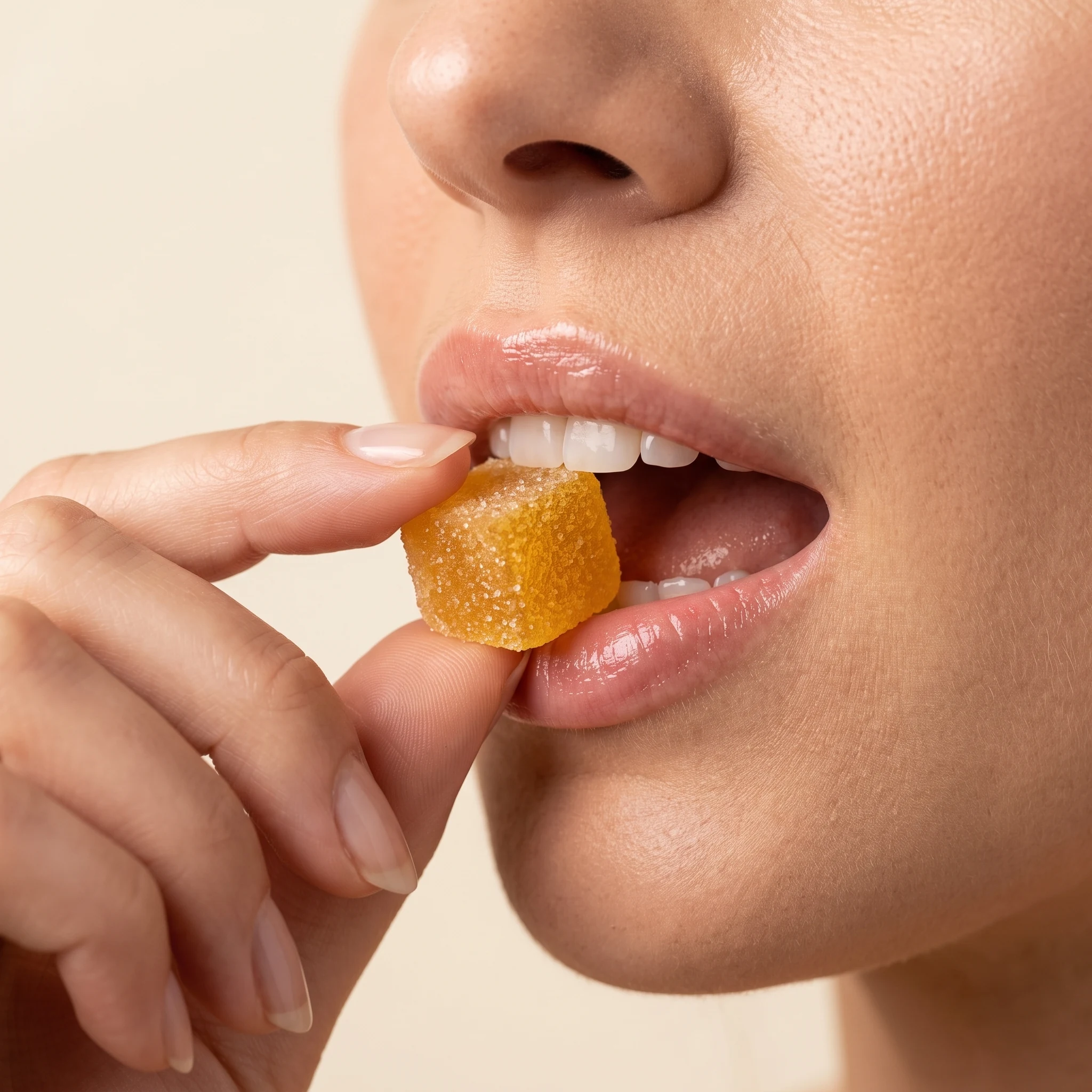 Close-up of a woman biting a sugar-coated TribeTokes THC Live Resin Mango gummy
