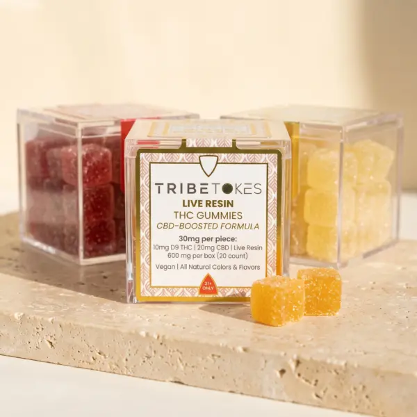 Three flavors of TribeTokes Live Resin THC gummies on a travertine slab, with the Mango box front label showing 10mg Delta 9 THC and 20mg CBD per piece, 600mg per box