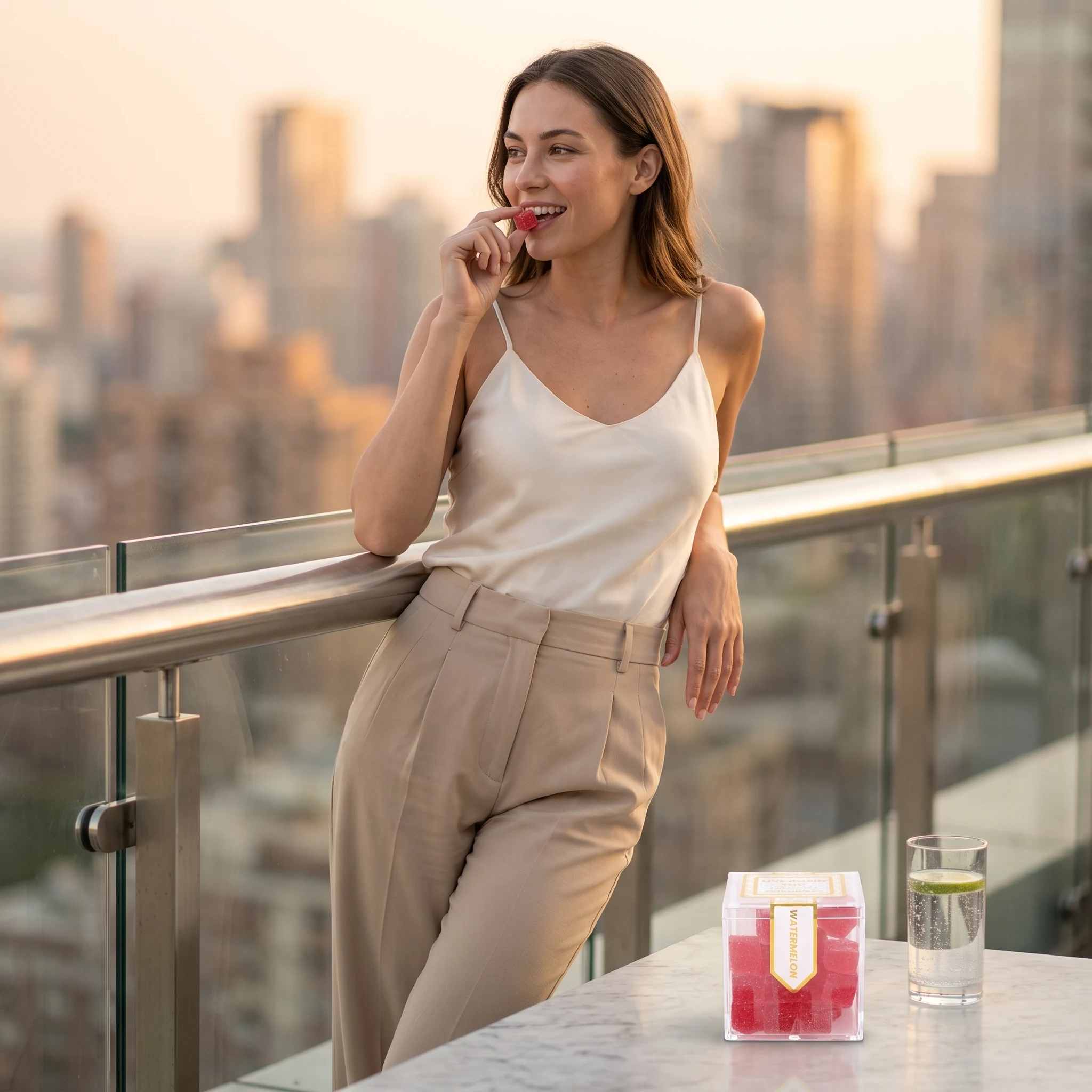 Woman in a silk camisole on a city penthouse balcony at dusk, eating a TribeTokes Live Rosin Watermelon gummy with the cube box and a sparkling water on the ledge