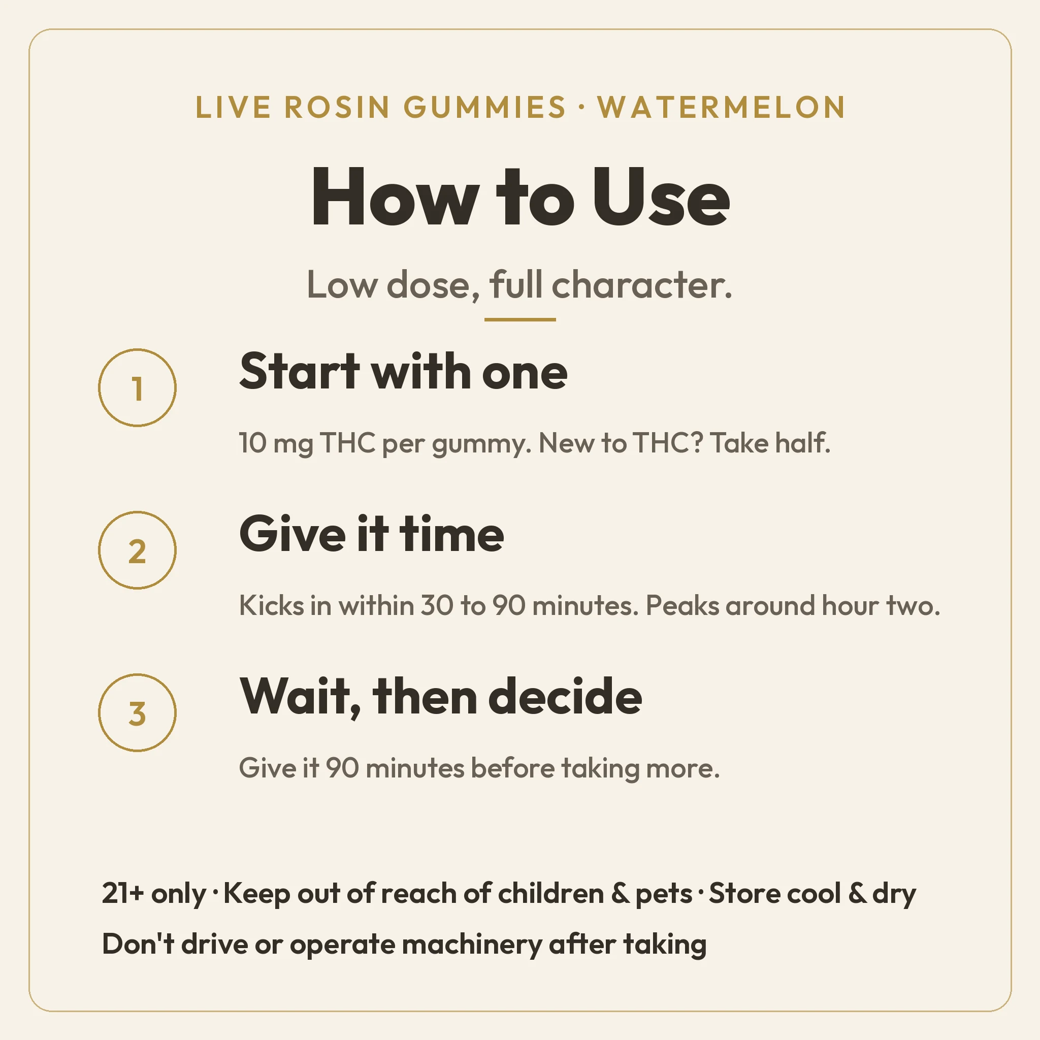 How to Use guide for TribeTokes Live Rosin Watermelon gummies: start with one 10mg gummy or half if new to THC, wait 30 to 90 minutes as it peaks around hour two, and give it 90 minutes before deciding on more