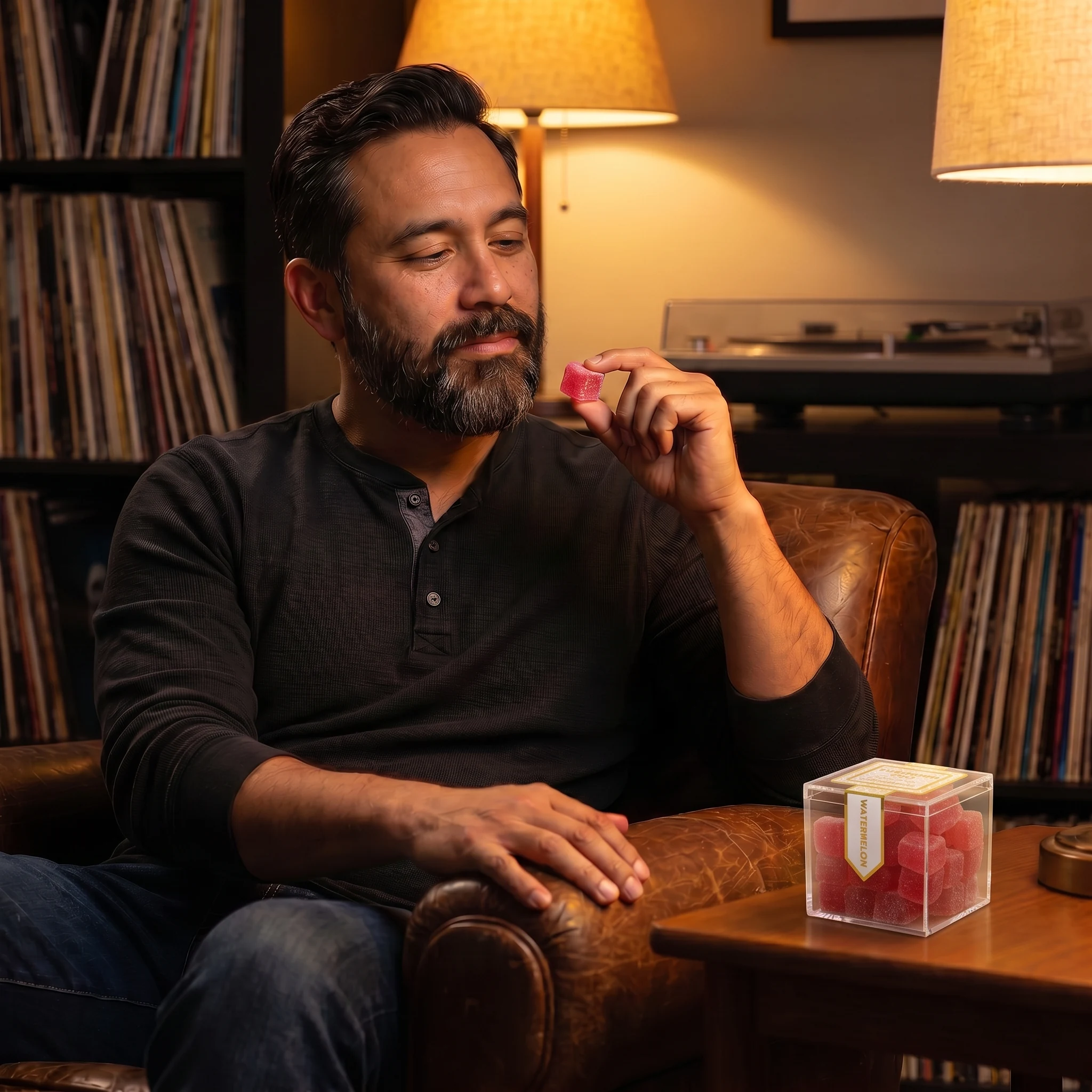 Man relaxing in a leather armchair beside a record player, holding a TribeTokes Live Rosin Watermelon gummy with the cube box on the side table