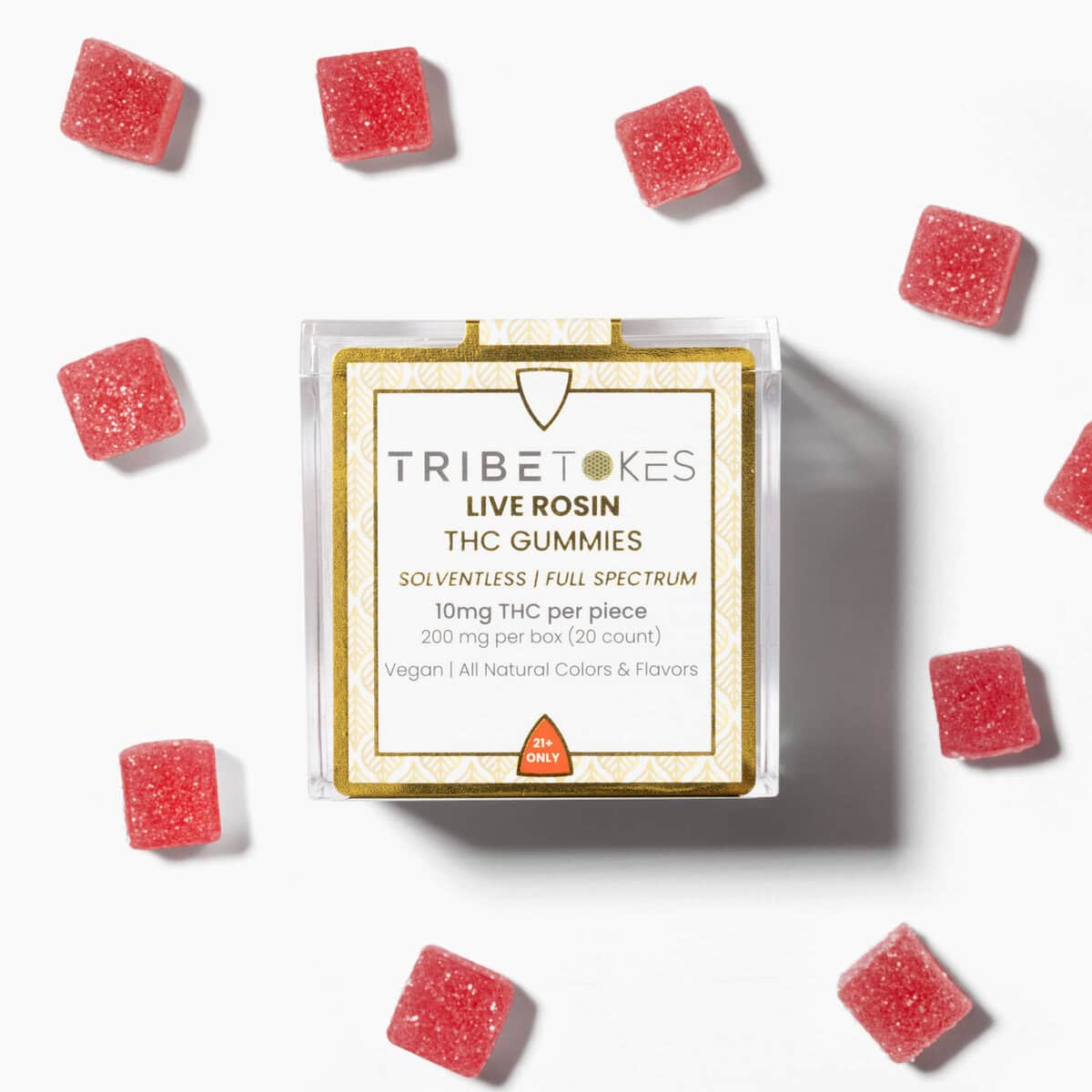 TribeTokes Live Rosin Watermelon gummies in a clear cube box showing the front label, 10mg THC per piece and 200mg per box, with loose gummies scattered around it on white