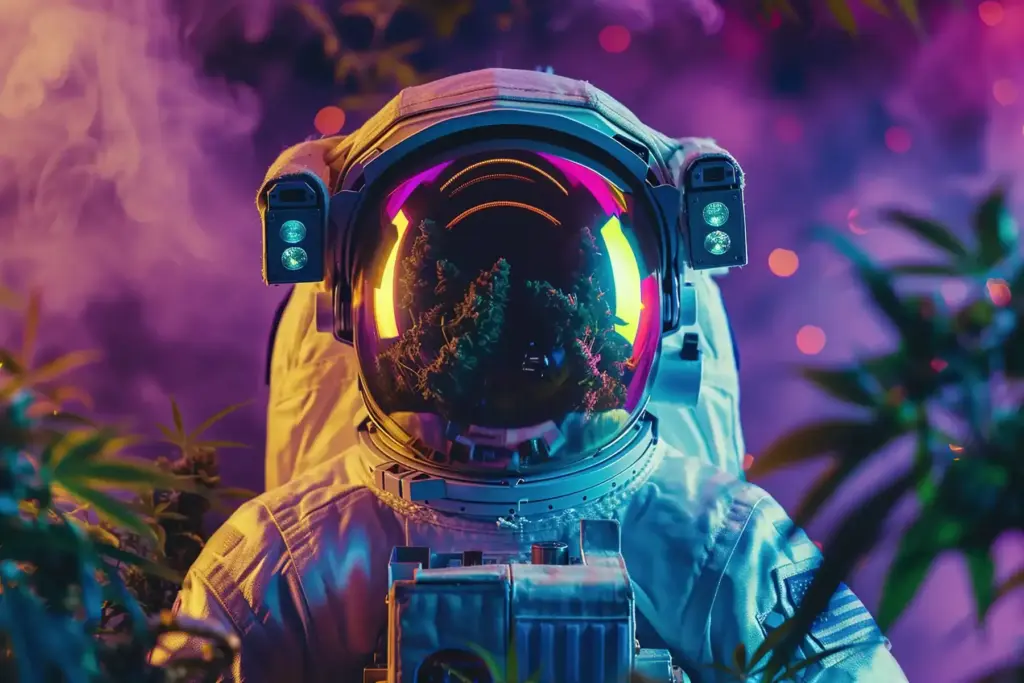 A graphic featuring an astronaut with Zaza weed growing inside the suit.