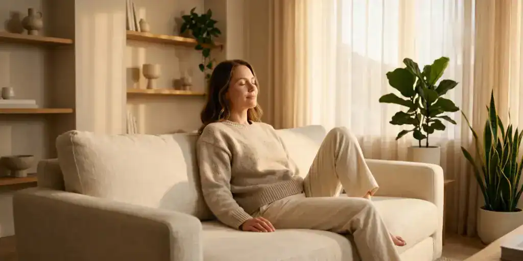 Person relaxing in a comfortable indoor setting, representing the calming effects commonly associated with cannabis