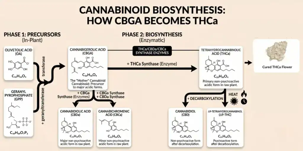 Diagram illustrating how CBGA converts to THCa during hemp plant biosynthesis, showing the cannabinoid precursor chain