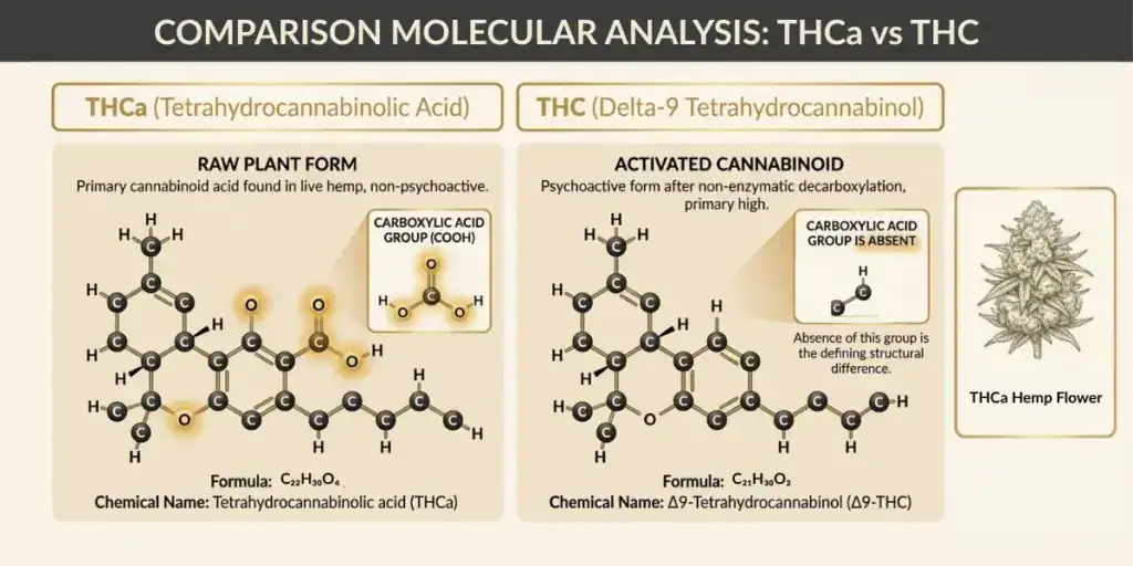 Scientific diagram comparing the molecular structures of THCa and THC, highlighting the carboxylic acid group difference