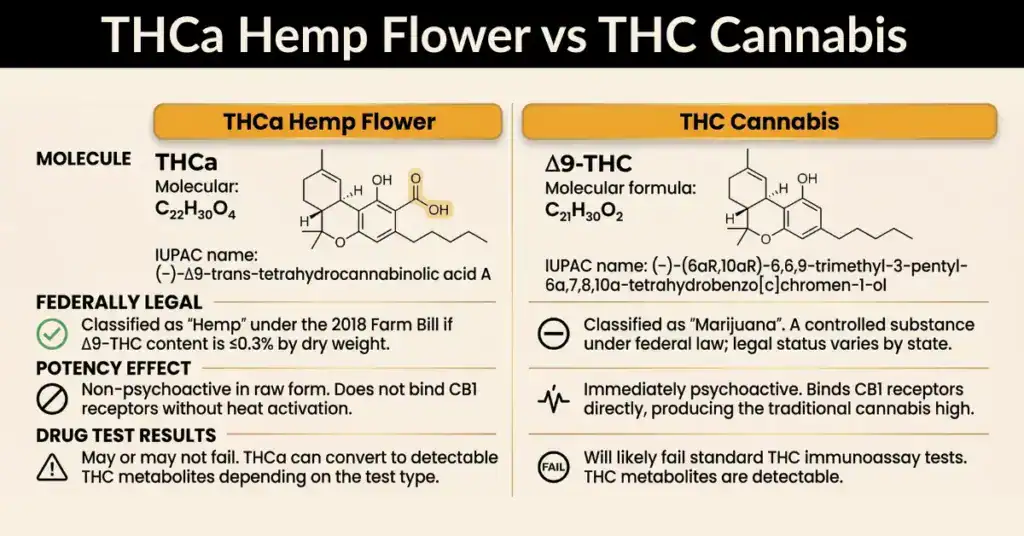 Side-by-side comparison of THCa hemp flower and THC cannabis, illustrating the difference between the two cannabinoids