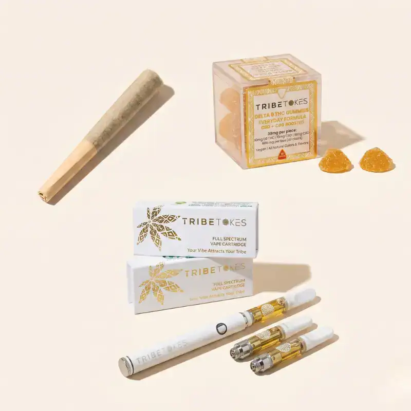 TribeTokes hemp-derived psychoactive cannabinoid products including THCa pre-rolls, live resin vape cartridge, and Delta-9 THC gummies