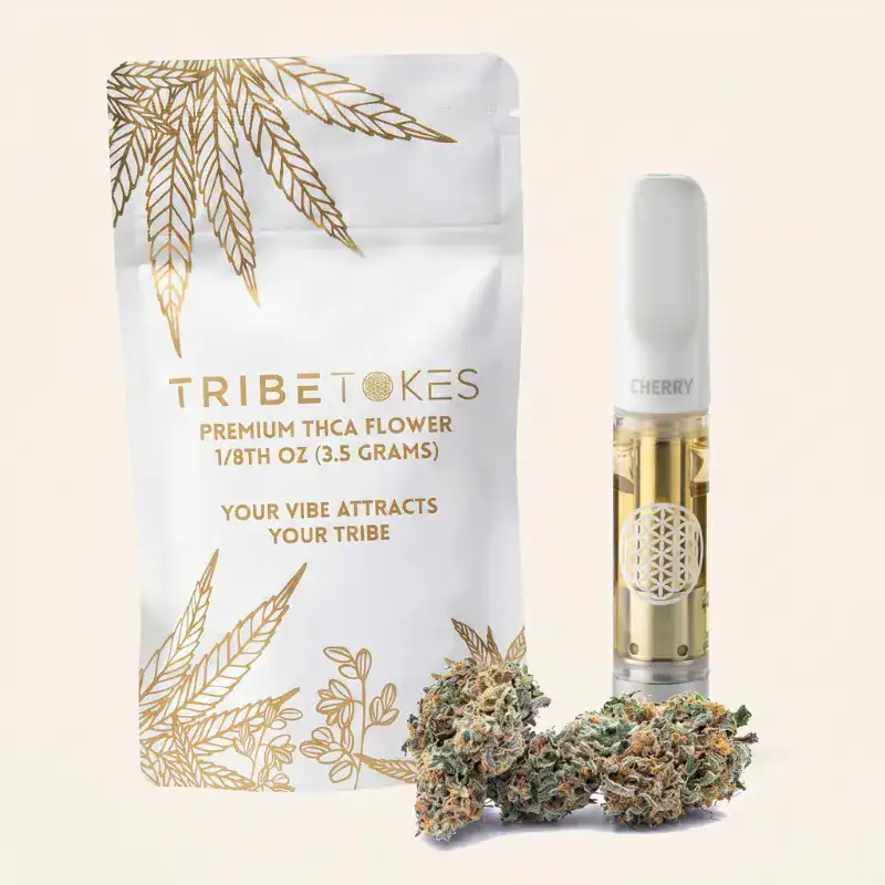 TribeTokes THCa flower and live resin vape cartridge on cream background, representing hemp-derived THCa products available nationwide